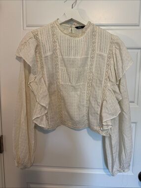 Zara Ivory Textured Ruffle Long Sleeve Blouse